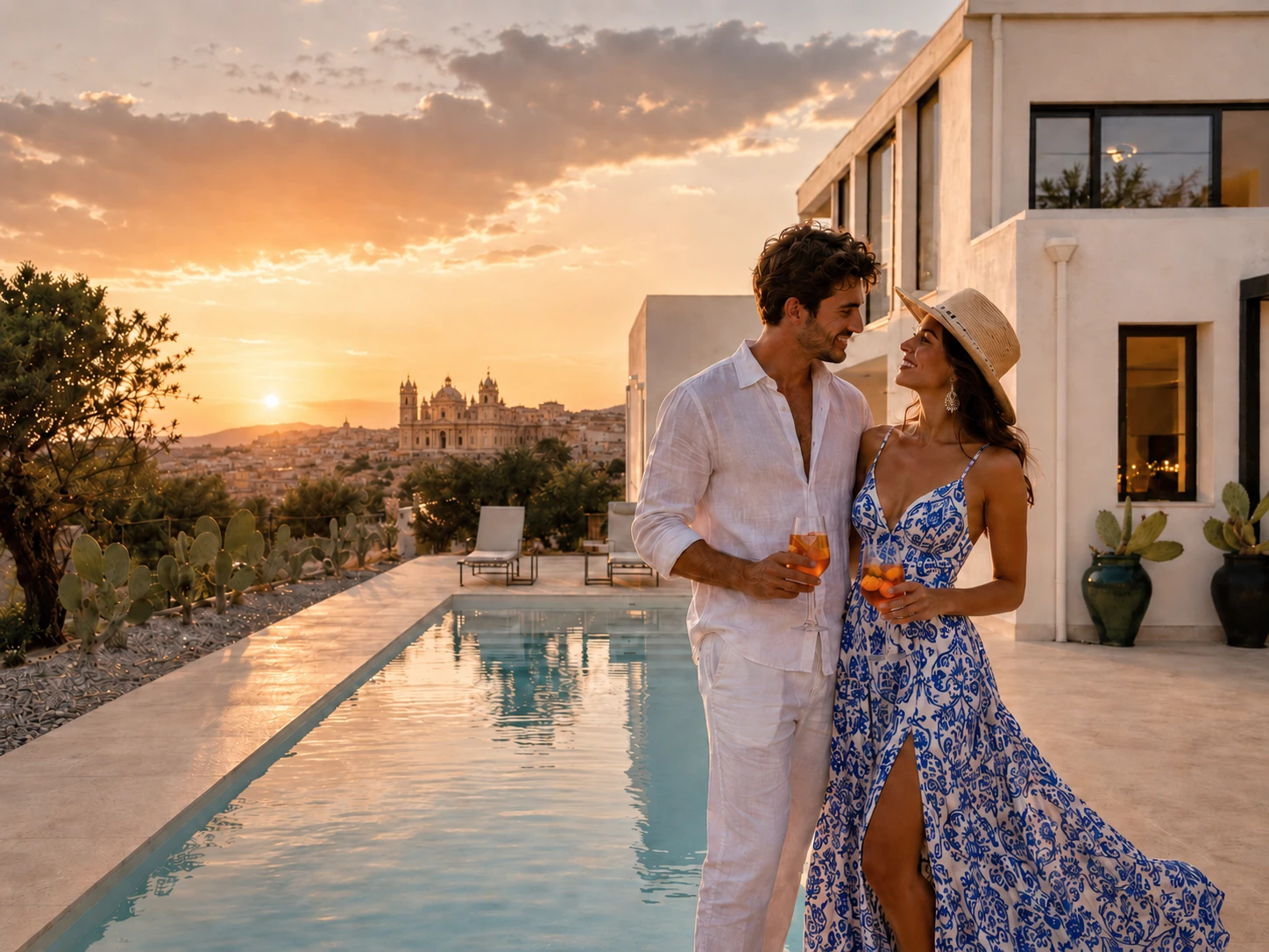 Couple at Villa Ruffiana by the pool at sunset with Noto in the background