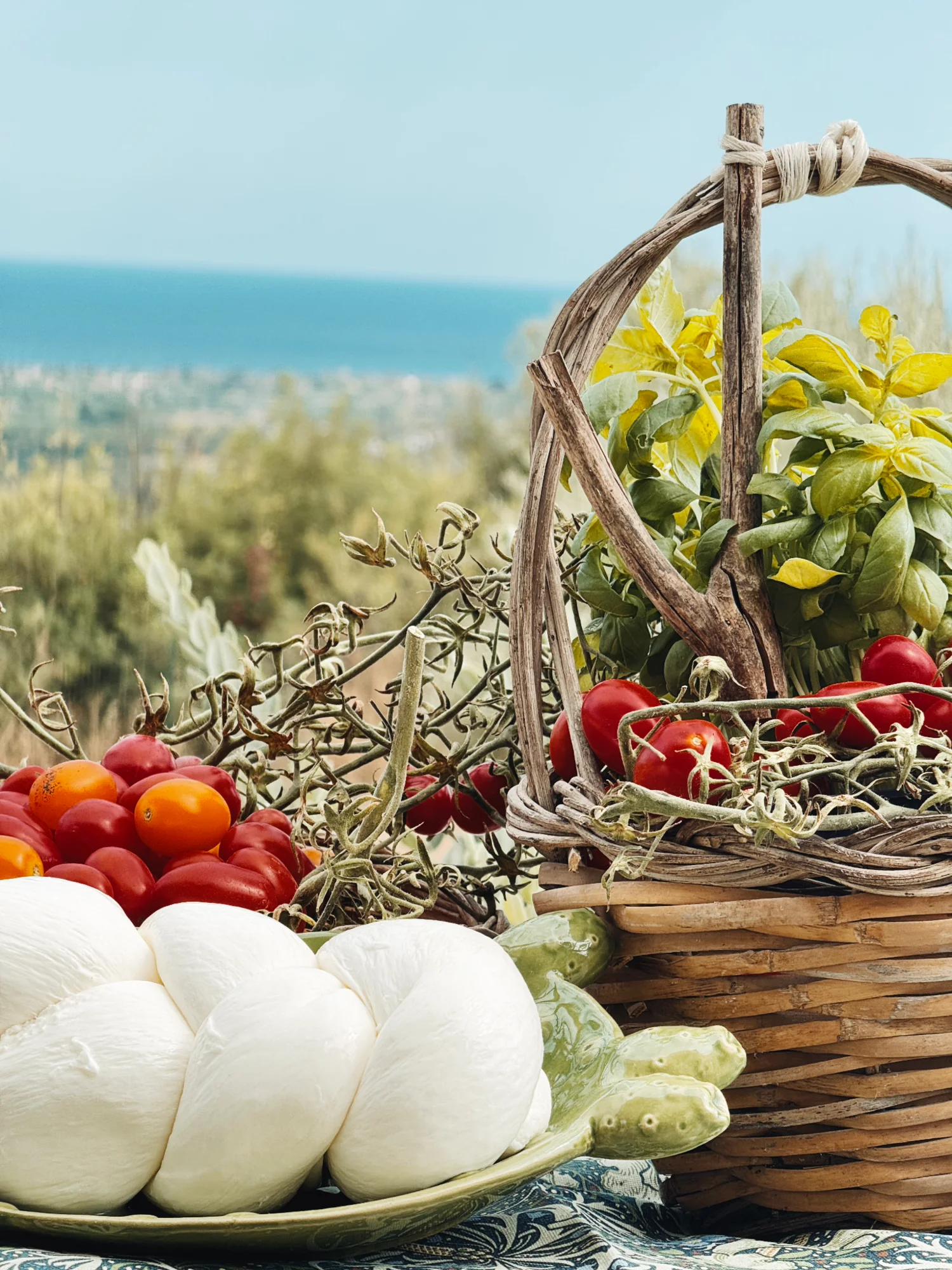 Seasonal produce from the Fior di Noto garden with the Mediterranean Sea beyond